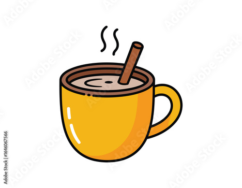 Cozy hot chocolate with cinnamon stick steaming warmly vector clipart, isolated on white background.