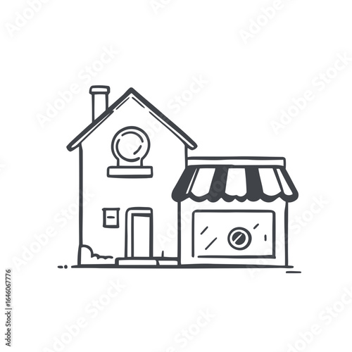 A hand-drawn sketch of a house, representing the design and construction of real estate property