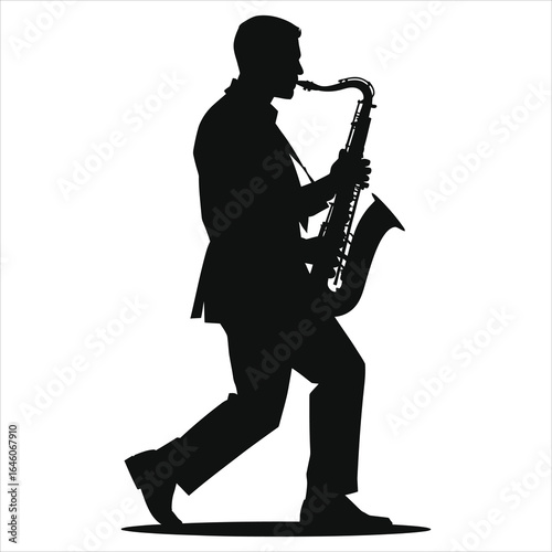 Silhouettes of Saxophone Players, Isolated on White Background, Jazz Musicians