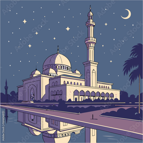 Wonderful beautiful landscape of modern aesthetic mosque at night