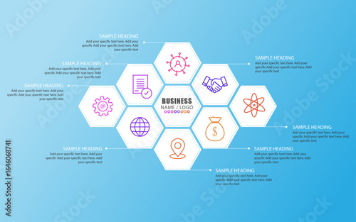 Hexagon Infographics with icons, 8 step hexagon shape infographics