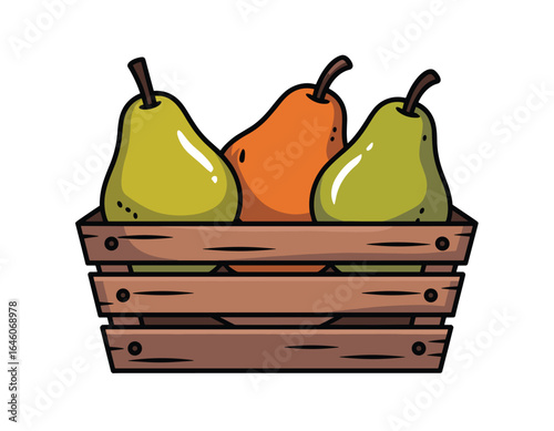 Fresh pears in wooden crate, healthy harvest bounty vector clipart, isolated on white background.