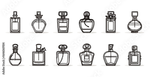 Collection of elegant perfume bottles in minimalist line art style representing luxury and sophisticated fragrance packaging options for beauty and personal care products