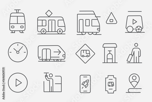 Linear icon set about urban mobility: buses, trams, metro, stops, passengers, tickets, schedules, location and transport apps. Minimalist stroke style perfect for smart city and public transit project