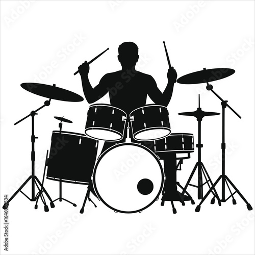 Dynamic black silhouette of a drummer behind a full drum kit with raised drumsticks, rock or jazz percussionist performing live on stage, cymbals and bass drum visible, energetic music performance now