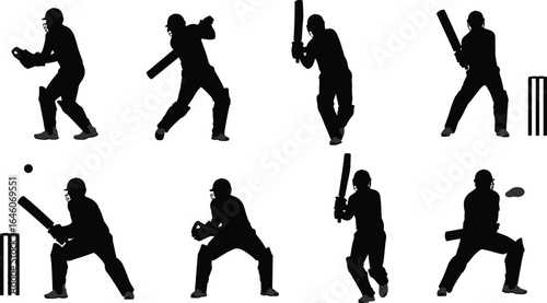 Silhouettes of cricket players in various actions, including batting, wicket-keeping, and fielding, with cricket equipment such as bats, ball, and stumps, on a white background.