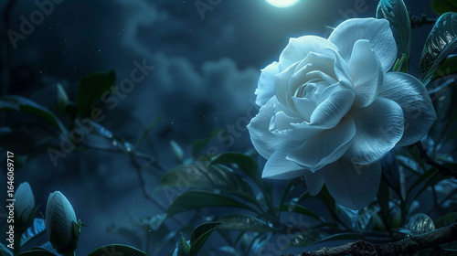 A close-up of a blooming gardenia under moonlight