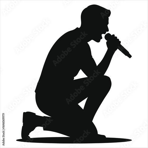 Kneeling male singer silhouette with microphone, passionate live performance, vocalist onstage, energetic concert pose, black isolated vector illustration for music, rock, pop, entertainment and tour