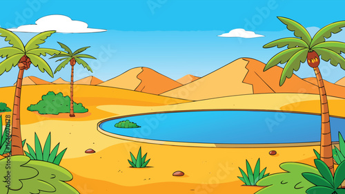 Desert oasis with palm trees and blue water blue sky