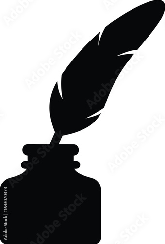 Solid black silhouette of a feather quill pen next to an ink bottle, minimal vector, white background 
