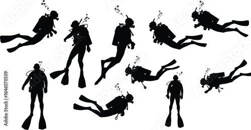 Silhouettes of scuba divers underwater exploring ocean depths, diving gear, oxygen tanks, marine adventure, underwater exploration, aquatic sport activity