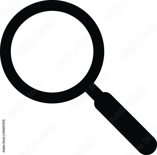 Solid black silhouette of a magnifying glass angled diagonally, white background, flat 2D vector 