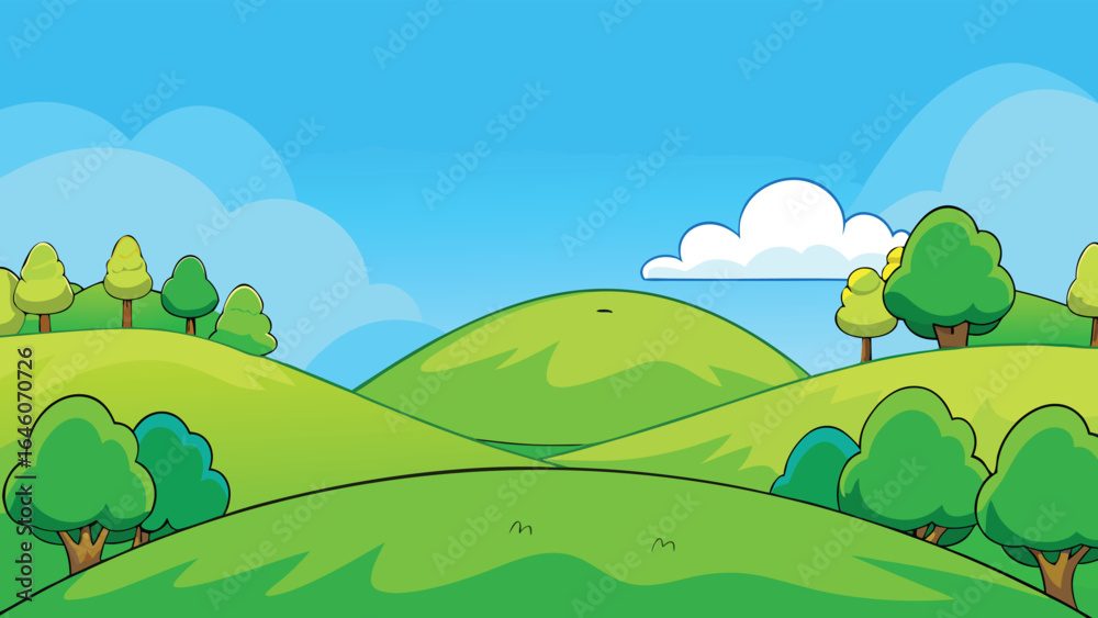 Fototapeta premium Green rolling hills with trees and clouds cartoon vector