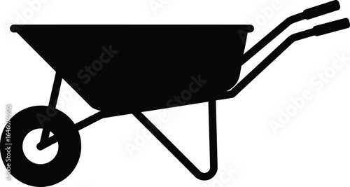 Solid black silhouette of a wheelbarrow with single wheel, side view, flat 2D vector, white background 