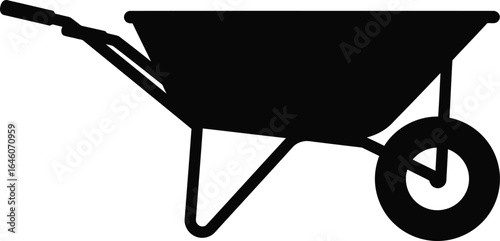 Solid black silhouette of a wheelbarrow with single wheel, side view, flat 2D vector, white background 