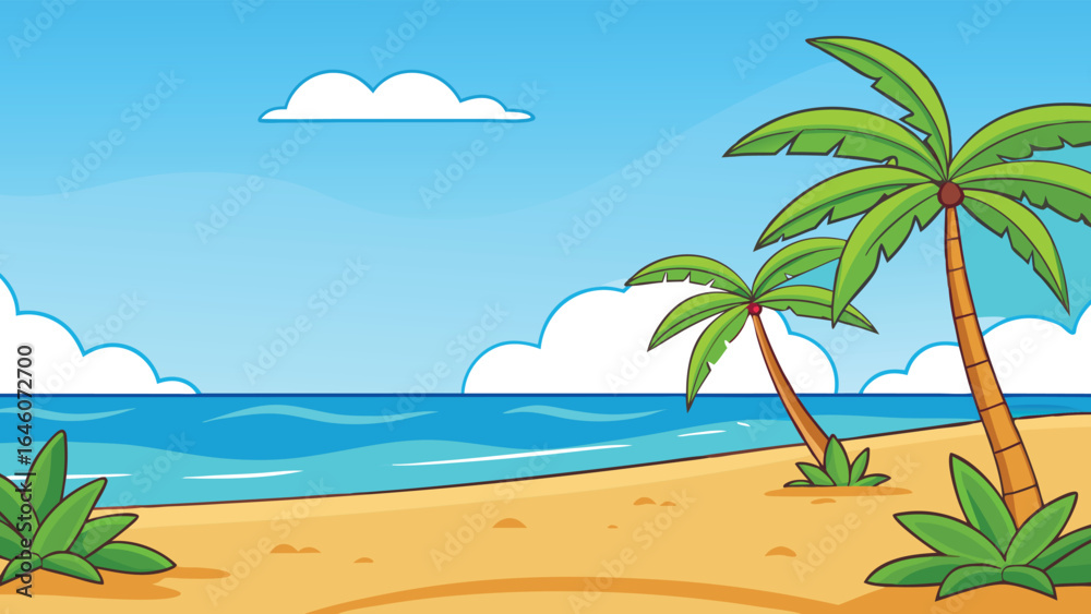 Obraz premium Tropical beach palm trees ocean clouds waves