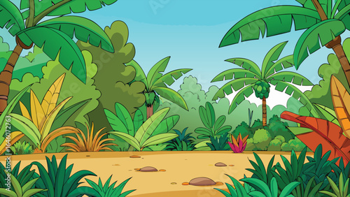 Lush jungle foliage and palm trees under blue sky tropical