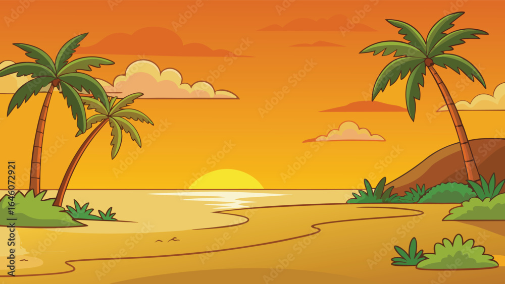 Obraz premium Tropical island sunset palm trees ocean beach