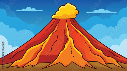 Cartoon vector background of volcanic mountain with eruption
