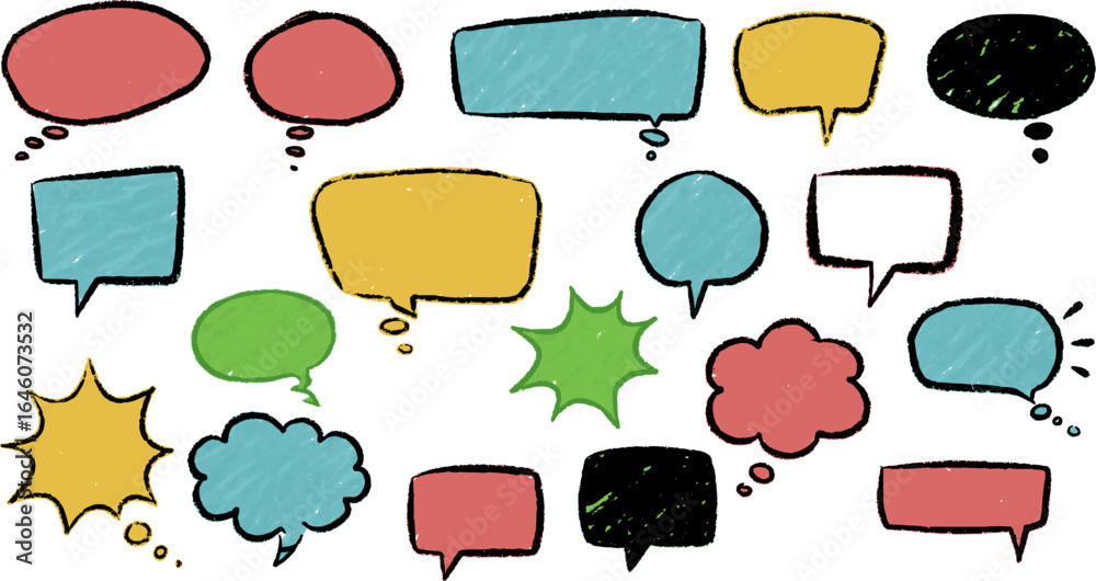 Obraz premium Set of colorful speech and thought bubbles. Crayon speech bubbles doodle set. Children pencil dialog balloon doodle text cloud. Vector, EPS version.
