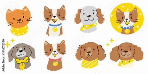 Cute cartoon cats and dogs wearing collars and bandanas