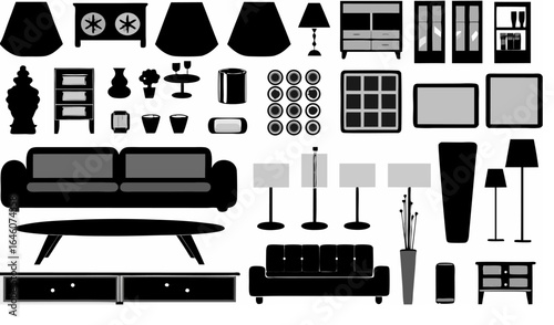 Assorted furniture arrangement featuring sofas lamps cabinets and decorative elements in monochrome style |  editable eps vectors silhouette