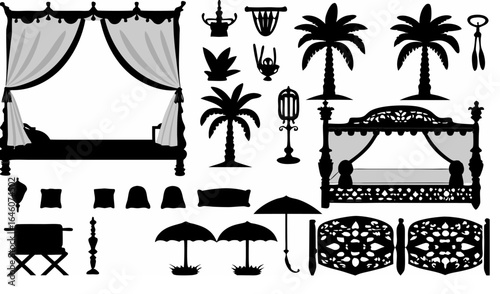 Silhouette illustration featuring beds palm trees umbrellas and various decorative items in black and white |  editable eps vectors