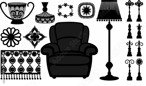 Illustration of a collection of home decor items including furniture and decorative objects in black and white |  editable eps vectors silhouette
