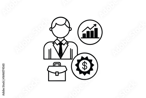 Businessman with briefcase and financial growth charts and dollar symbol representing success and profit in business venture silhouette