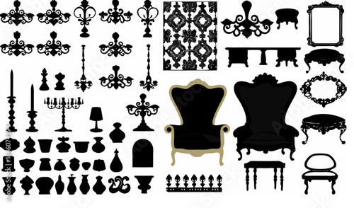 Collection of various antique furniture and decorative objects in black silhouette on white background |  editable eps vectors