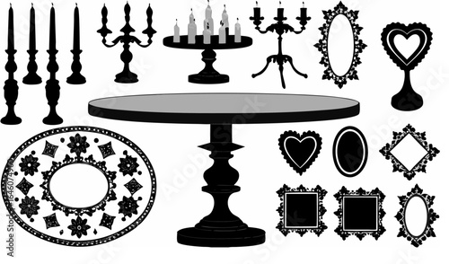 Illustration of tables, candelabras, candles, and decorative frames in black and white design |  editable eps vectors silhouette