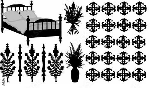 Silhouette of a bed with pillows, floral arrangements, and decorative ornaments in a vector image |  editable eps vectors
