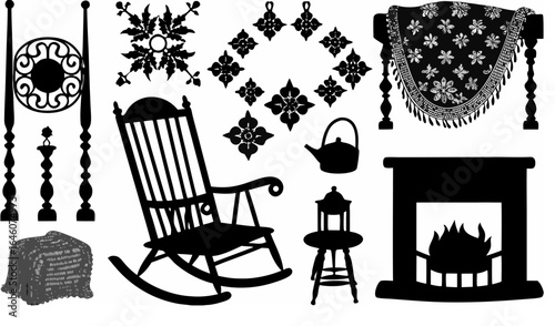 Silhouette of furniture and decorative elements including a rocking chair and fireplace design art 100 |  editable eps vectors
