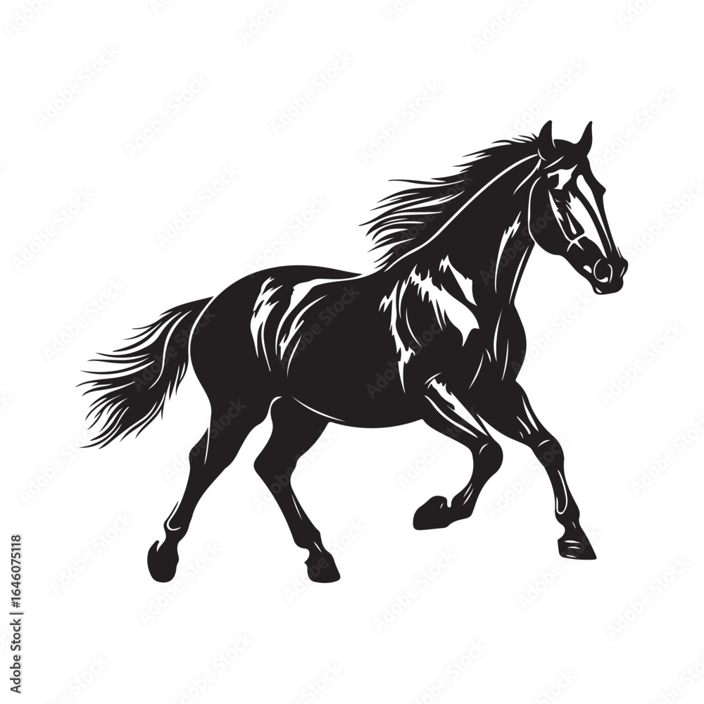 Obraz premium Running horse silhouette, Running horse vector illustration, Silhouette of a horse running black vector art illustration, Solid black vector silhouette of a horse in motion.