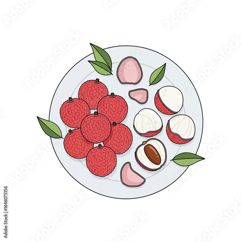 Illustration of whole and halved lychees with leaves arranged on a white plate, viewed from above.