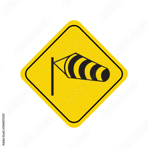 Yellow diamond warning sign with black windsock symbol, ideal for airport wind direction and safety alerts