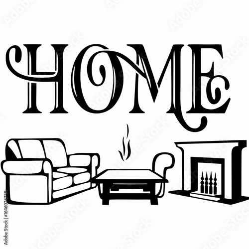 Graphic depiction of a cozy home scene, featuring the word "HOME" above a sofa, coffee table with steam, and a fireplace.