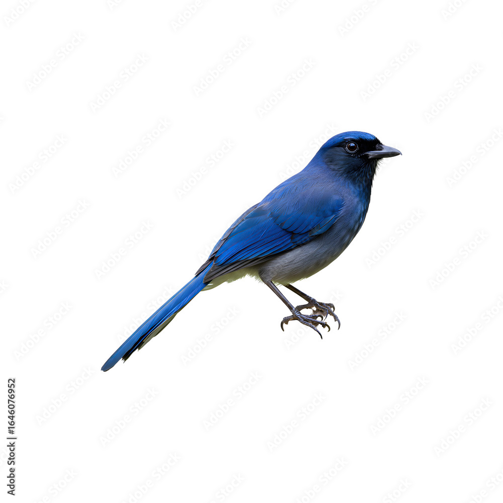 Fototapeta premium Beautiful Blue Bird Sitting Isolated on White – Colorful Songbird Stock Image for Nature and Wildlife Concepts