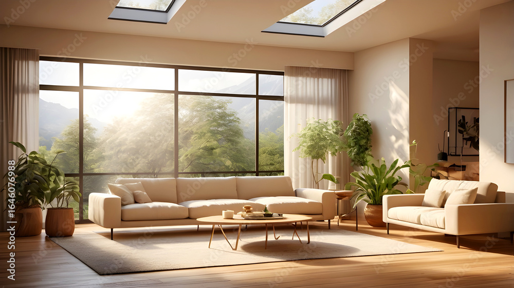 Fototapeta premium Spacious and Bright Living Room Interior with Large Windows