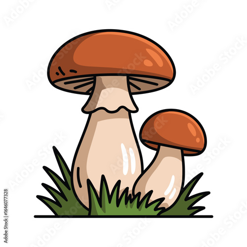 Fresh mushrooms growing in vibrant green grass, harvest season vector clipart, isolated on white background.