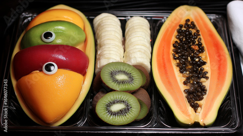 tropical fruit platter with papaya, mango, and kiwi