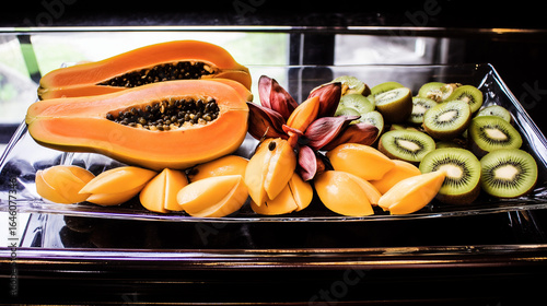 tropical fruit platter with papaya, mango, and kiwi
