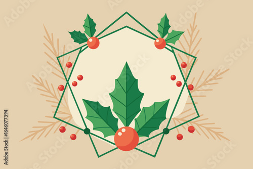 Elegant holiday illustration of holly berries leaves and decorative green frame on a transparent background