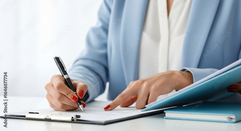 Fototapeta premium Elegant businesswoman reviewing contract terms with professional precision at her desk for success and growth opportunities today
