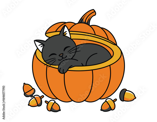 Cozy black cat naps inside a fall pumpkin vector clipart, isolated on white background.