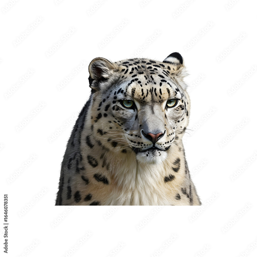 Obraz premium Majestic Snow Leopard Close Up on White Background – Rare Wild Cat Stock Photo for Wildlife and Nature Lovers