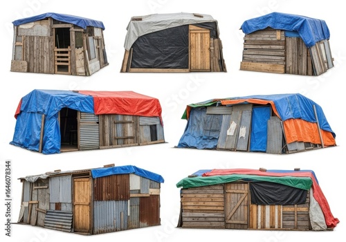 Collection of makeshift shelters isolated on white background