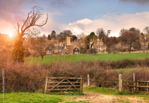 View towards the old church at Bourton-on-the-hill near Moreton-in-Marsh, Gloucestershire, England.
