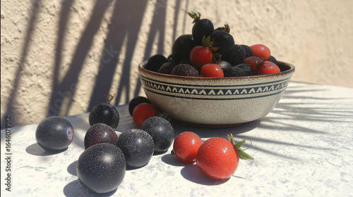 fresh berries in ceramic bowl on outdoor table