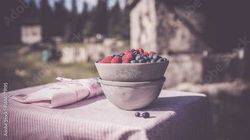 fresh berries in ceramic bowl on outdoor table